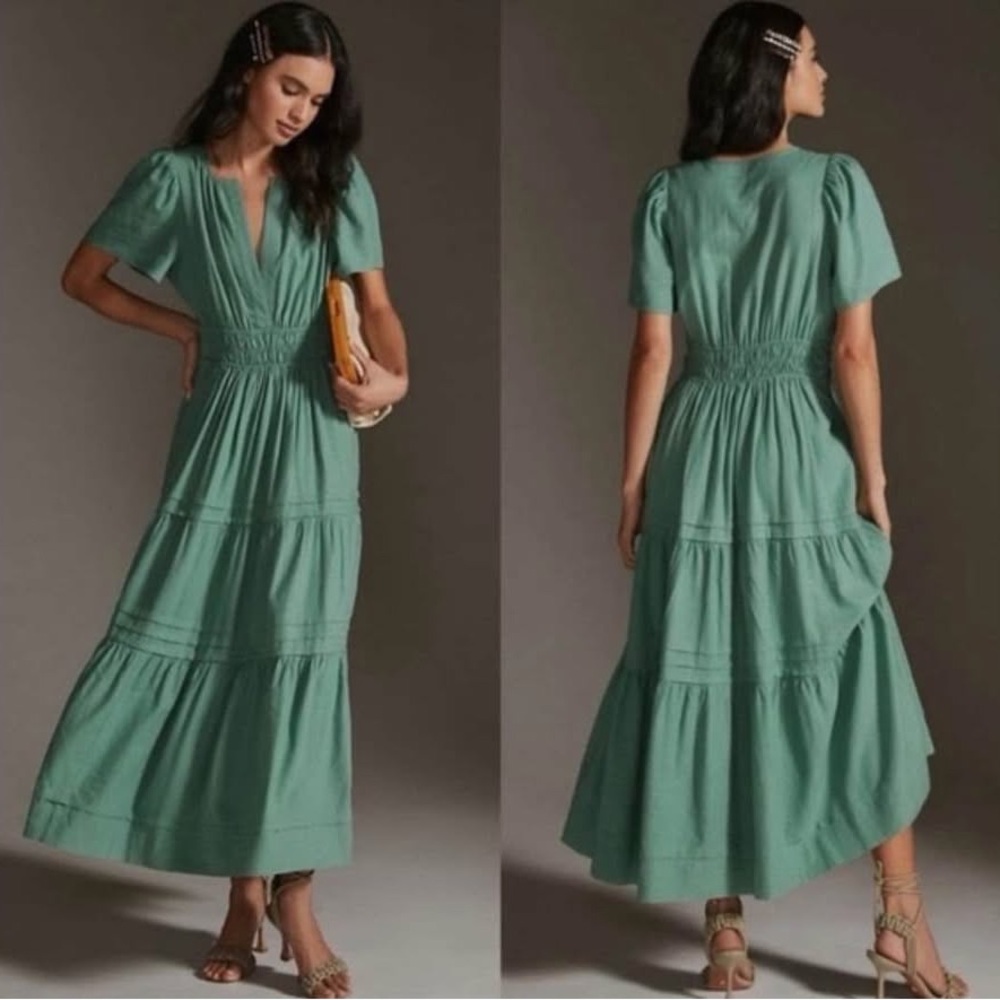 Anthropologie Somerset Green Tiered Maxi Dress